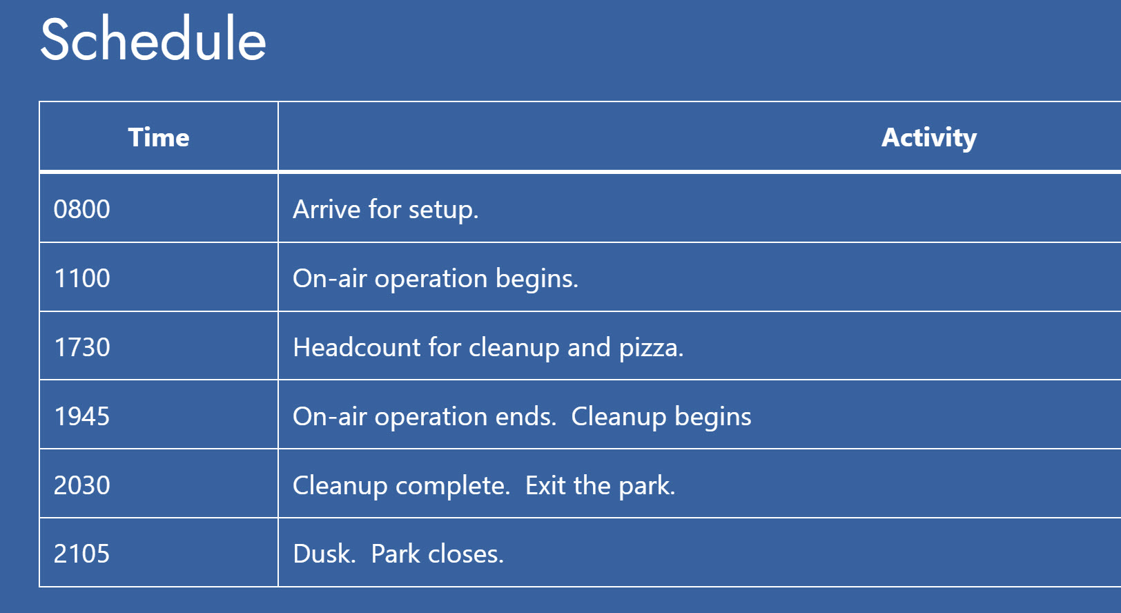 Field Day Schedule 2026